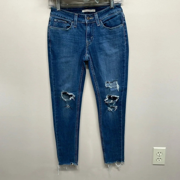 Levi’s 535 Super Skinny Denim Jeans Distressed Raw Hem 27 - Picture 1 of 16